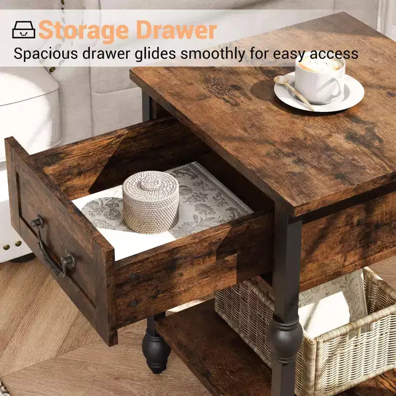 Table d'appoint industrielle avec tiroir, table de chevet à 2 niveaux
