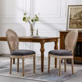 Dining Chairs Set of 2 French Country, Rattan Upholstered Vintage Farmhouse Fabric, Round Back, Solid Wood Legs, Grey