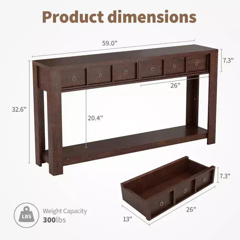 Console avec 2 tiroirs et étagère, table de canapé style ferme