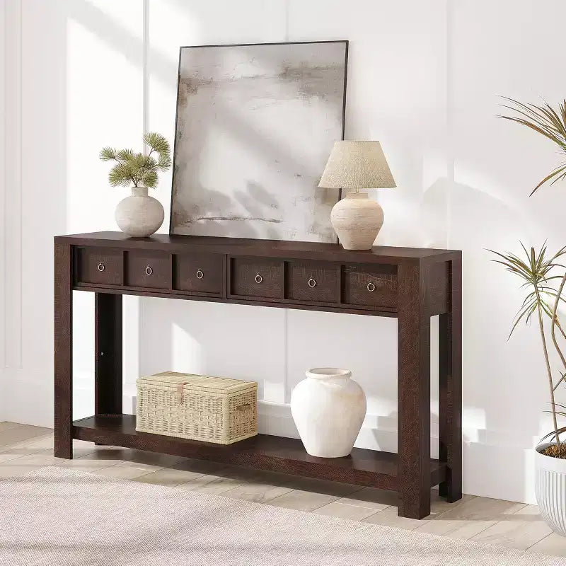 Console avec 2 tiroirs et étagère, table de canapé style ferme