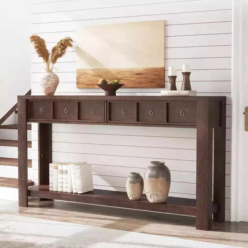 Console avec 2 tiroirs et étagère, table de canapé style ferme