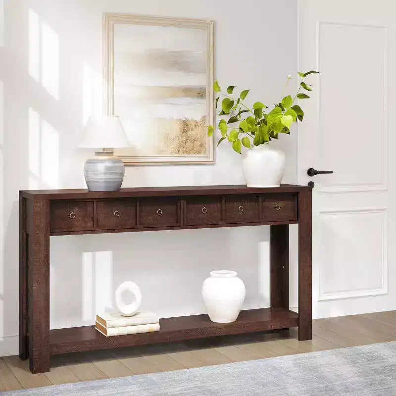 Console avec 2 tiroirs et étagère, table de canapé style ferme