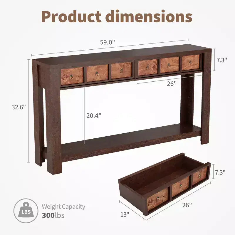 Console avec 2 tiroirs et étagère, table de canapé style ferme