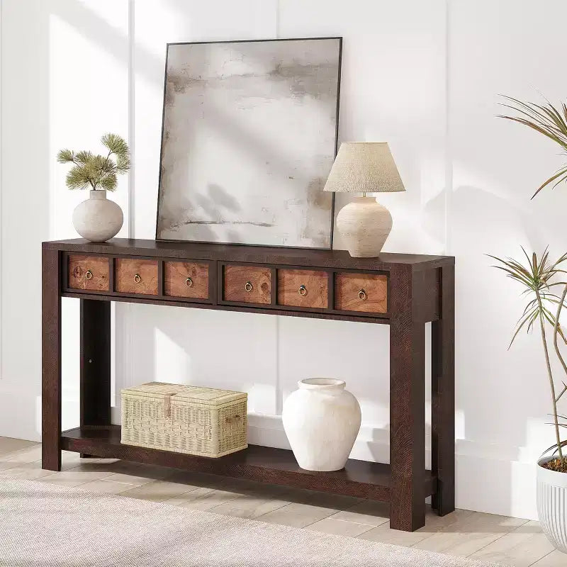Console avec 2 tiroirs et étagère, table de canapé style ferme