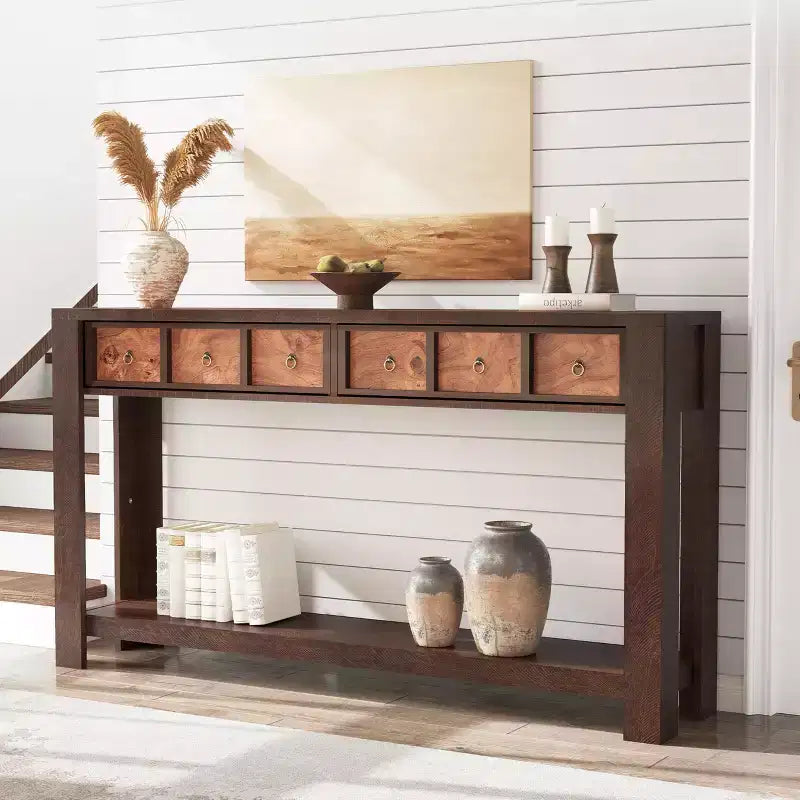 Console avec 2 tiroirs et étagère, table de canapé style ferme