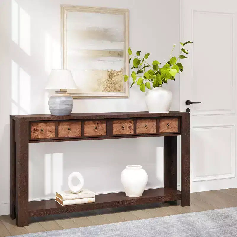 Console avec 2 tiroirs et étagère, table de canapé style ferme