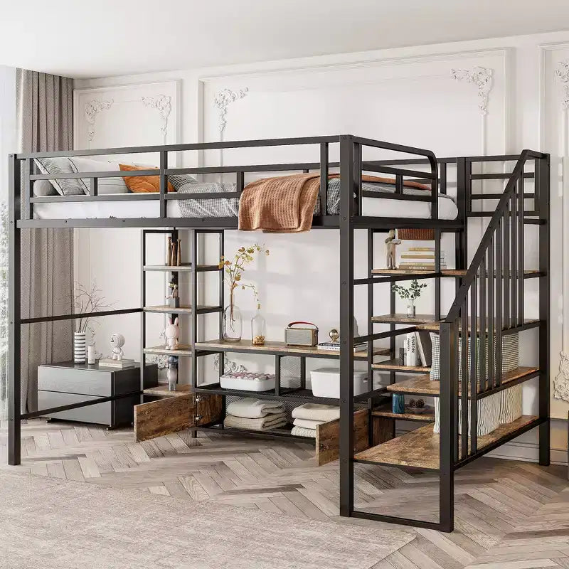 Clihome Full Size Metal Loft Bed with Staircase,Low Storage Table and Storage Shelves