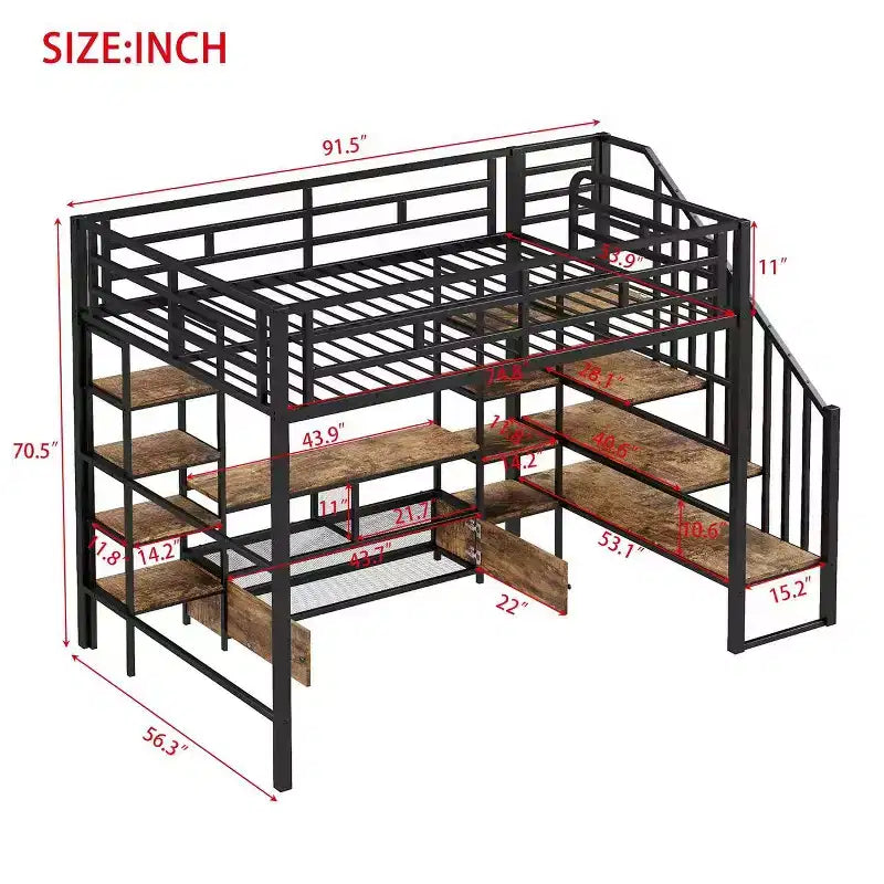 Lit mezzanine en métal avec escalier, table basse de rangement et étagères de rangement