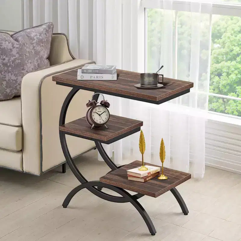 Table d'appoint industrielle en C, table d'appoint à 3 niveaux avec plateau marron rustique