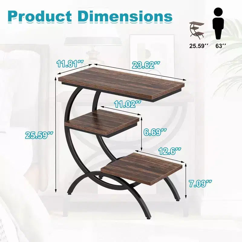 Table d'appoint industrielle en C, table d'appoint à 3 niveaux avec plateau marron rustique
