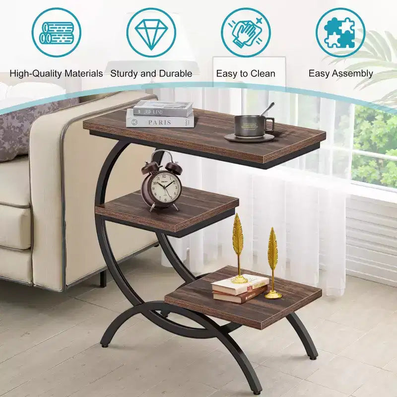 Table d'appoint industrielle en C, table d'appoint à 3 niveaux avec plateau marron rustique