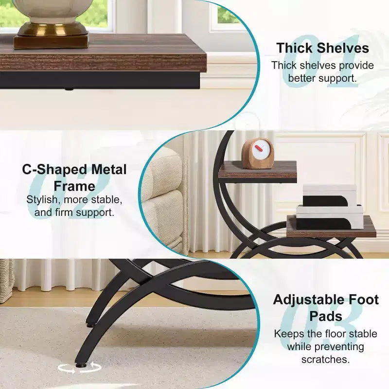 Table d'appoint industrielle en C, table d'appoint à 3 niveaux avec plateau marron rustique
