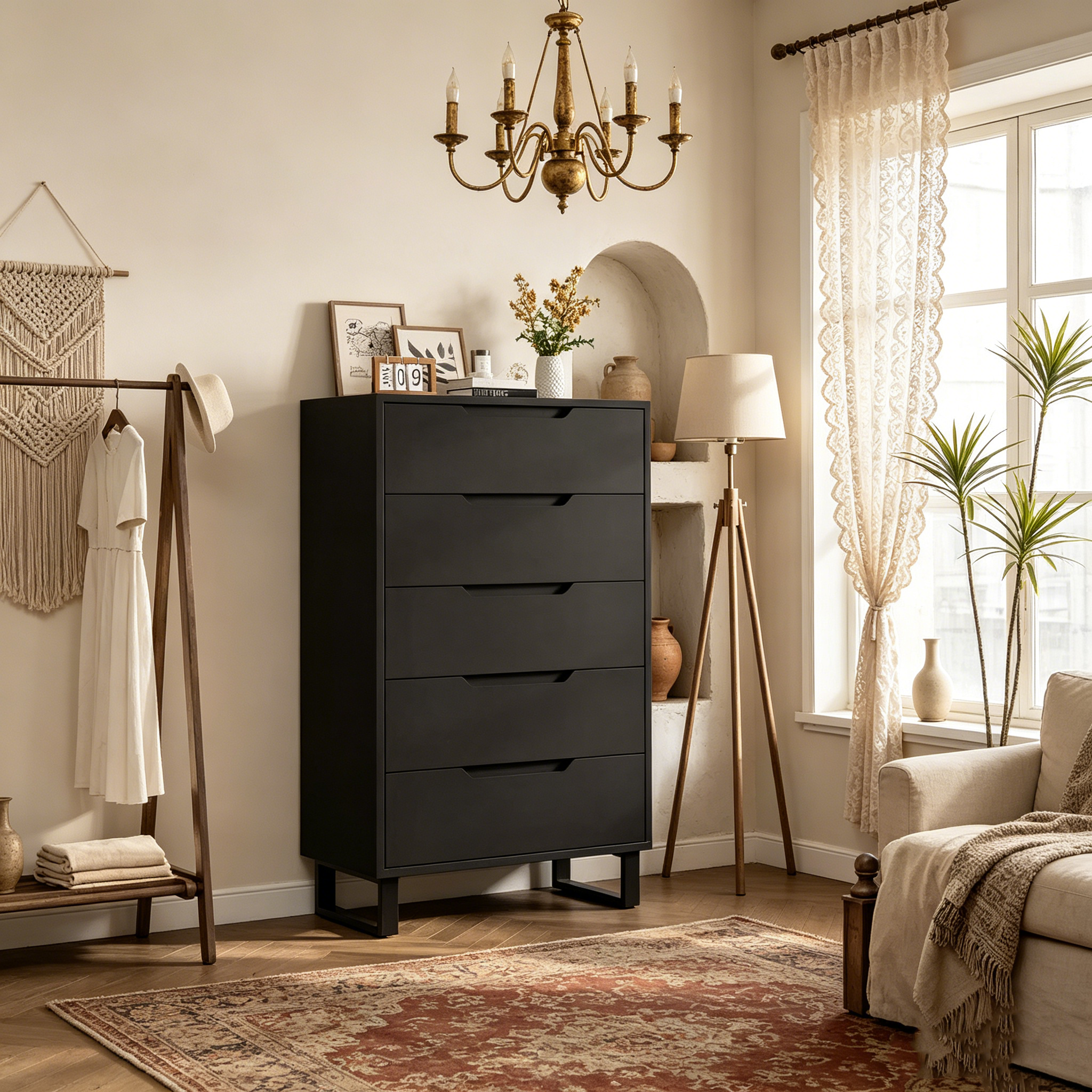Commode haute à 5 tiroirs avec rangement, commode verticale autoportante