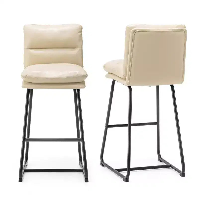 Set of 2 Modern Thick Leatherette Bar Stools with Metal Legs Cream/White - Glitzhome: Upholstered, Sled Base, Footrests