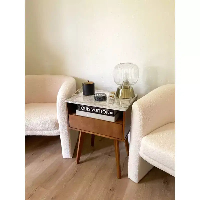 Table de chevet en bois massif imitation marbre avec tiroir de rangement