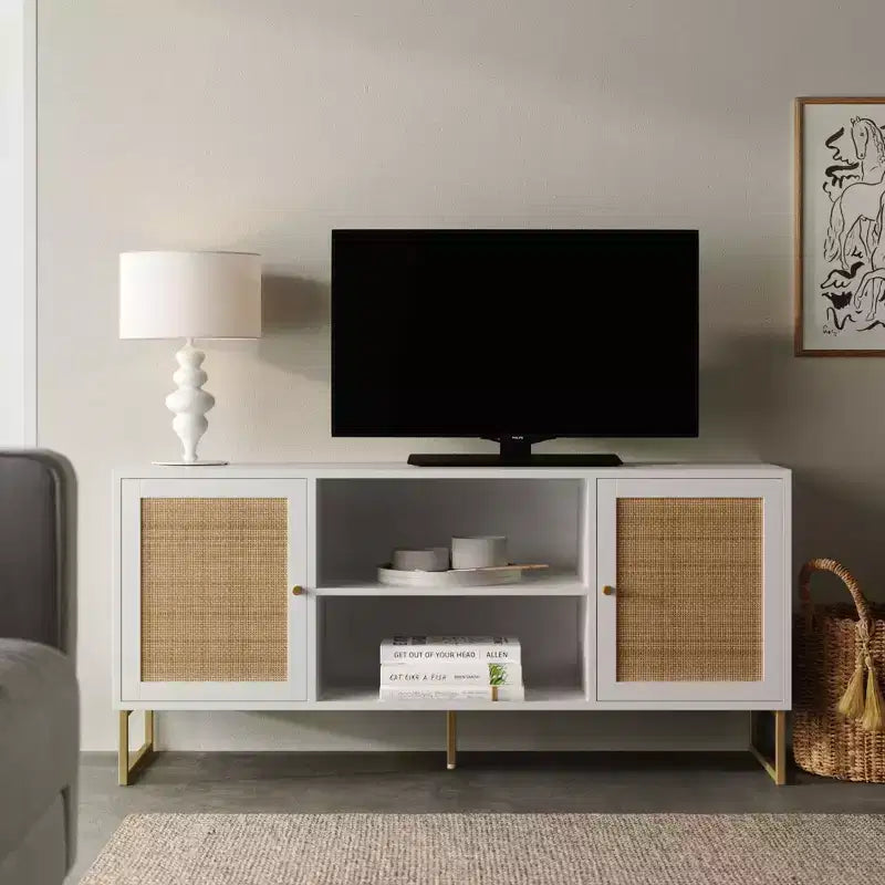 Meuble TV 2 portes en rotin et bois