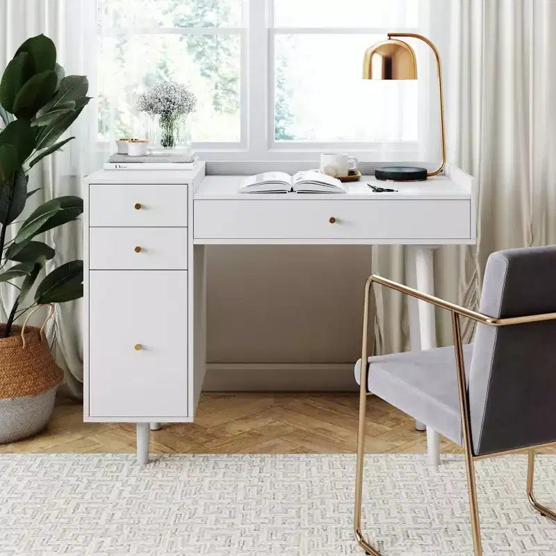 Coiffeuse Daisy Wood avec tiroirs blanc mat/or