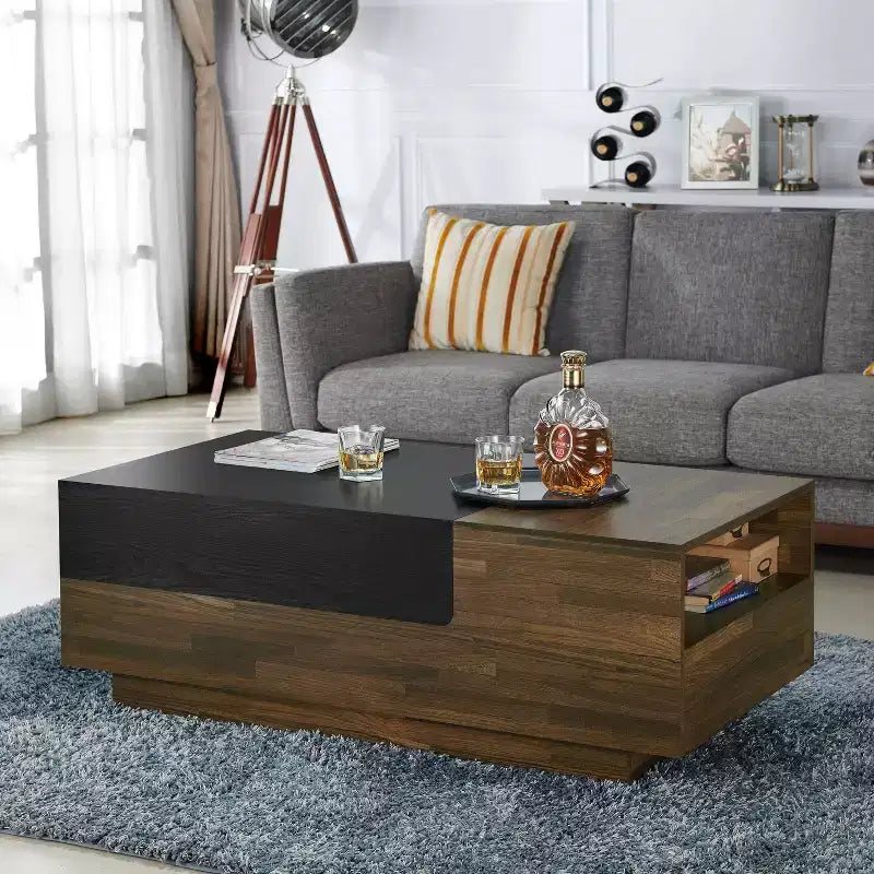 Table basse avec rangement coulissant en caryer clair, style mid-century