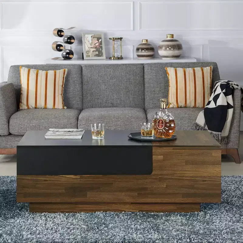 Table basse avec rangement coulissant en caryer clair, style mid-century