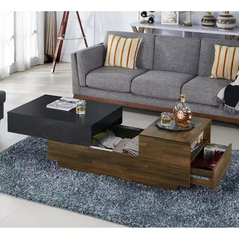 Table basse avec rangement coulissant en caryer clair, style mid-century