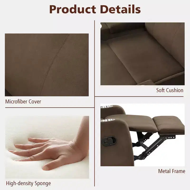 Fauteuil inclinable relaxant à siège unique avec rangement pour accoudoirs et porte-gobelet