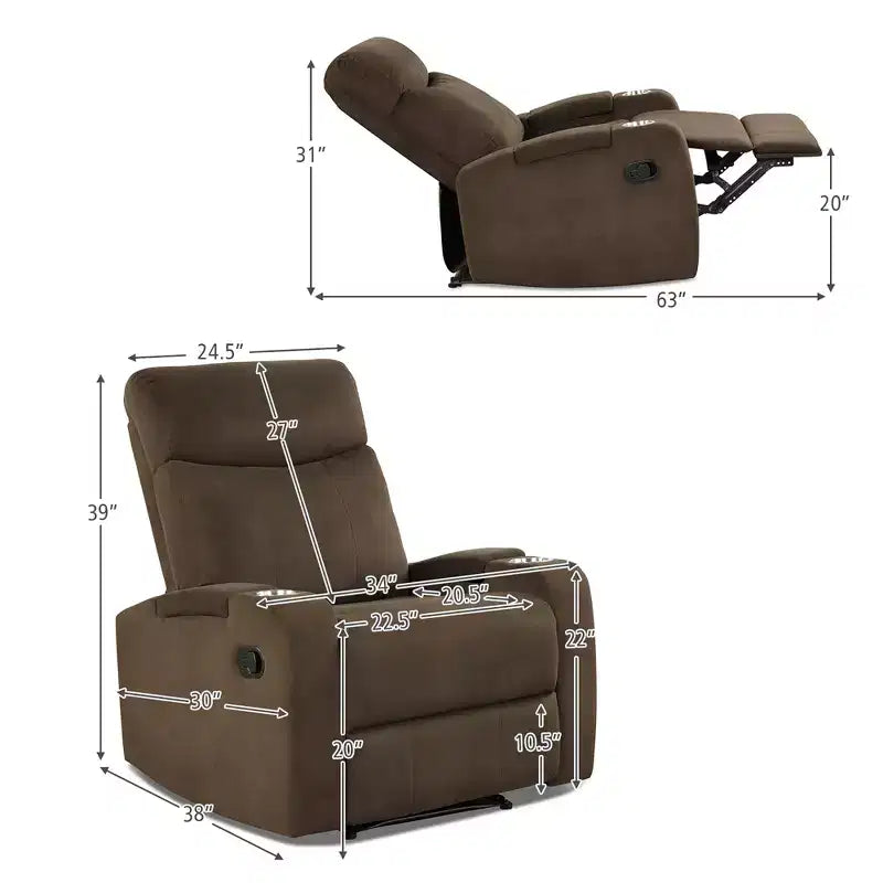 Fauteuil inclinable relaxant à siège unique avec rangement pour accoudoirs et porte-gobelet