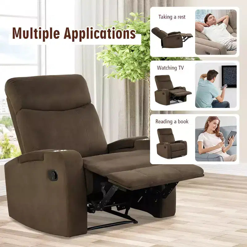 Fauteuil inclinable relaxant à siège unique avec rangement pour accoudoirs et porte-gobelet