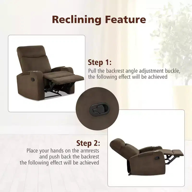 Fauteuil inclinable relaxant à siège unique avec rangement pour accoudoirs et porte-gobelet