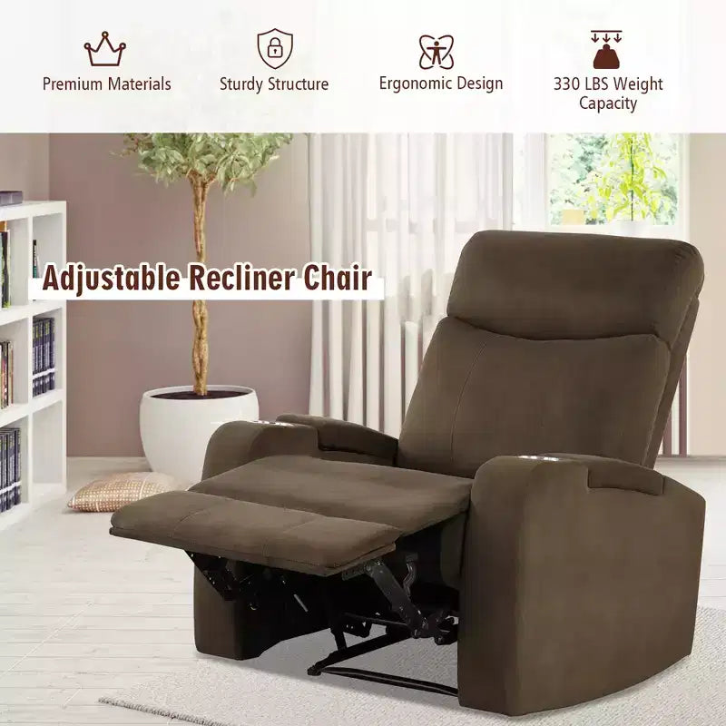 Fauteuil inclinable relaxant à siège unique avec rangement pour accoudoirs et porte-gobelet