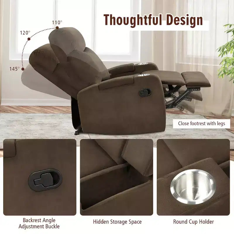 Fauteuil inclinable relaxant à siège unique avec rangement pour accoudoirs et porte-gobelet