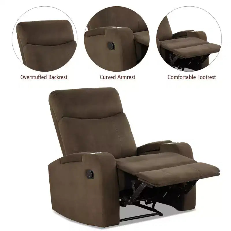 Fauteuil inclinable relaxant à siège unique avec rangement pour accoudoirs et porte-gobelet