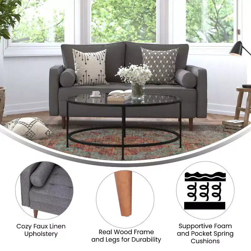 Canapé Loveseat Moderne avec Revêtement Capitonnage et Pieds en Bois Massif