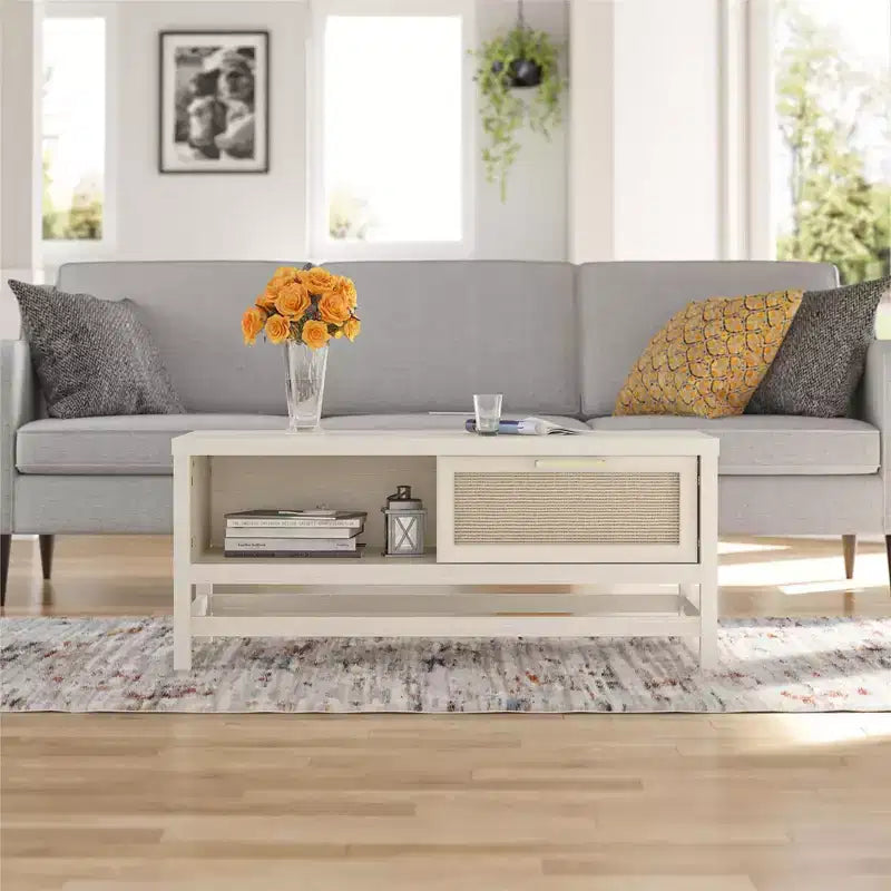 Table basse, chêne ivoire et rotin synthétique