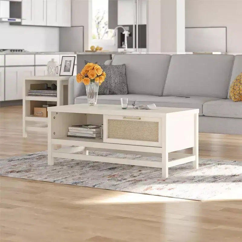 Table basse, chêne ivoire et rotin synthétique