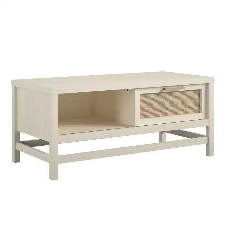 Table basse, chêne ivoire et rotin synthétique