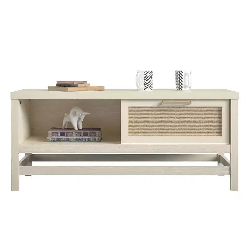 Table basse, chêne ivoire et rotin synthétique