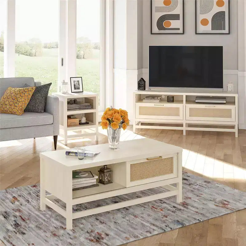 Table basse, chêne ivoire et rotin synthétique