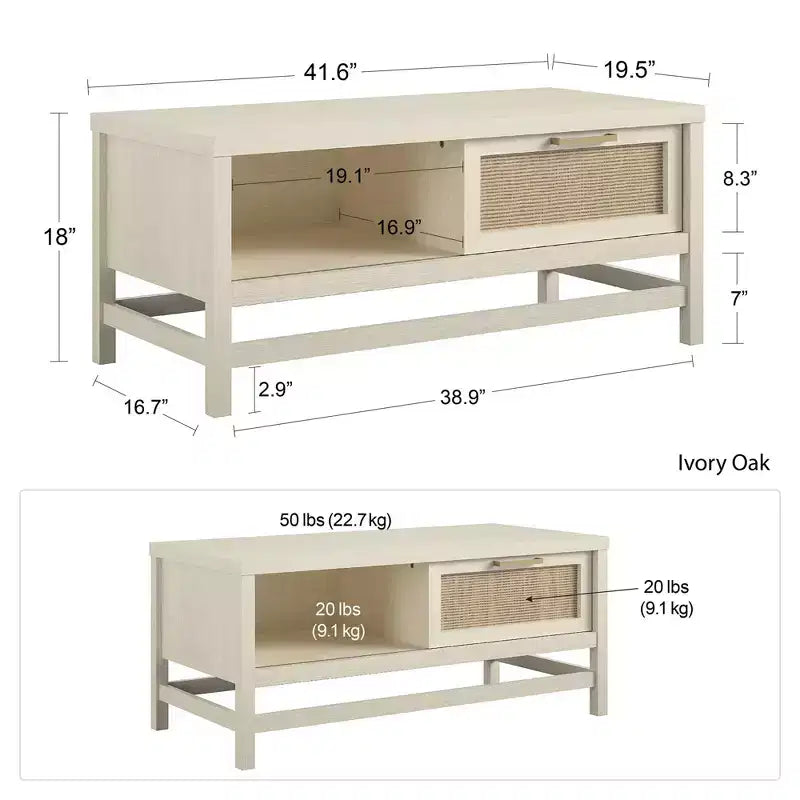 Table basse, chêne ivoire et rotin synthétique