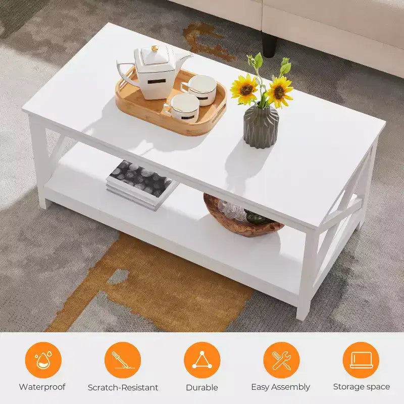 Table basse à 2 niveaux en bois avec étagère de rangement