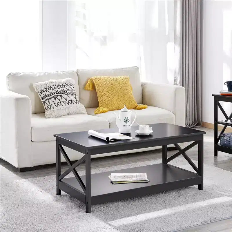 Table basse à 2 niveaux en bois avec étagère de rangement