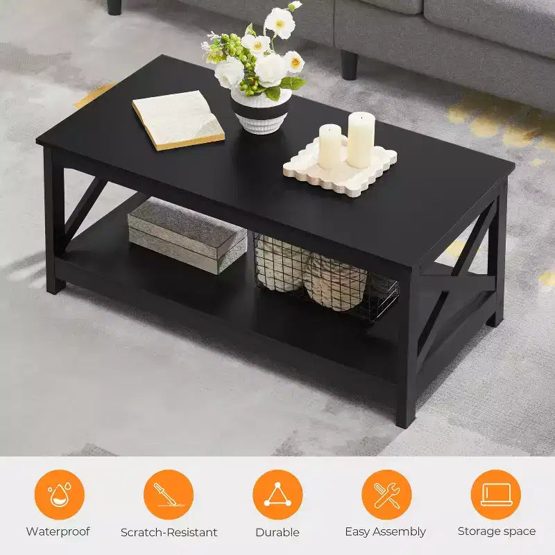 Table basse à 2 niveaux en bois avec étagère de rangement