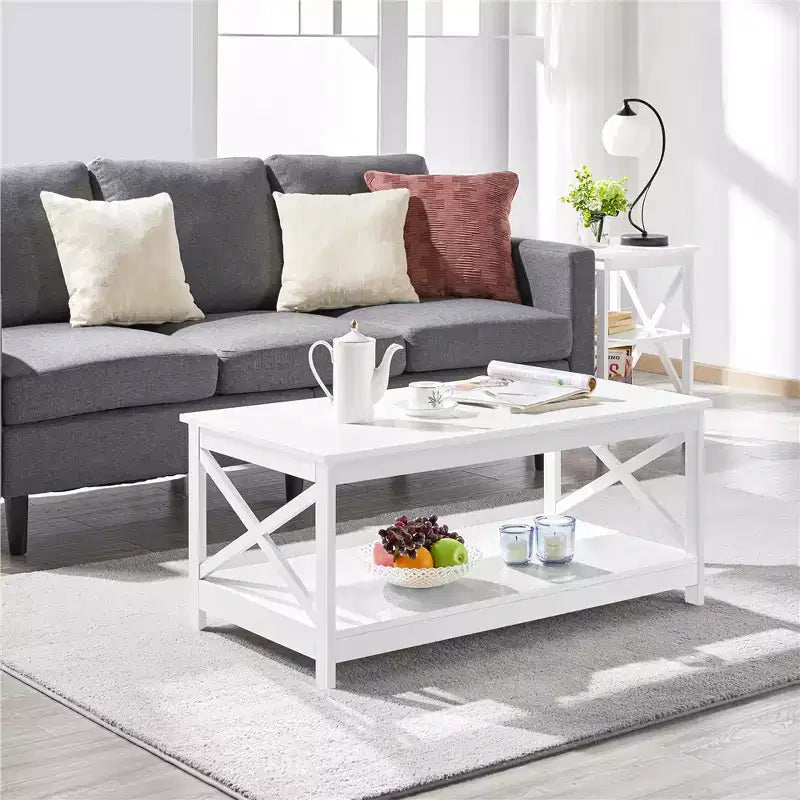 Table basse à 2 niveaux en bois avec étagère de rangement