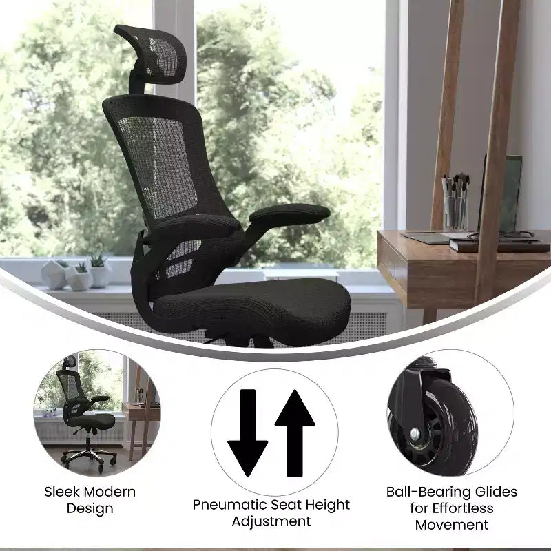Fauteuil de bureau ergonomique à dossier haut en maille noire avec fonction pivotante