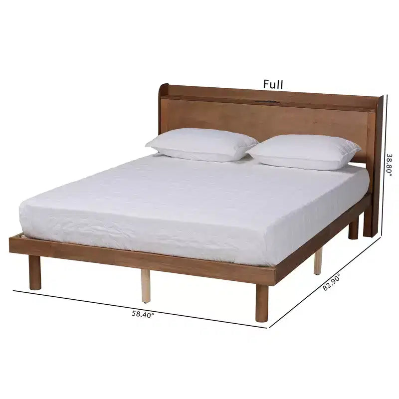 Lit plate-forme en bois avec station de recharge Noyer Marron