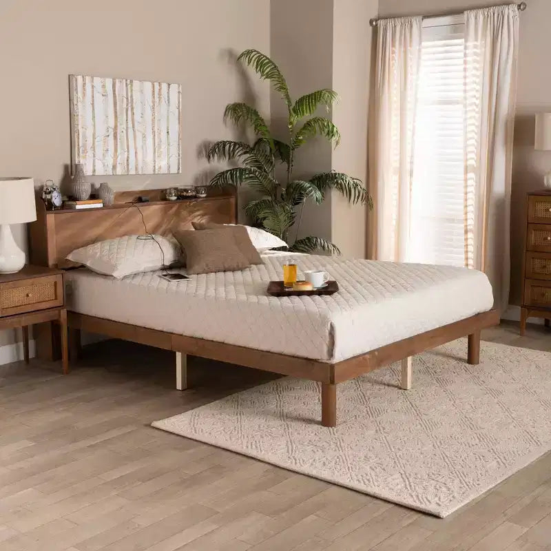 Lit plate-forme en bois avec station de recharge Noyer Marron