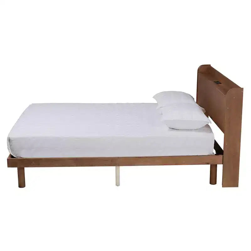 Lit plate-forme en bois avec station de recharge Noyer Marron