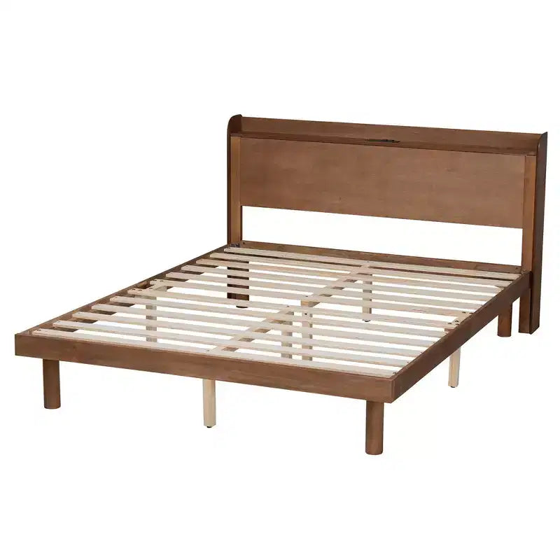 Lit plate-forme en bois avec station de recharge Noyer Marron