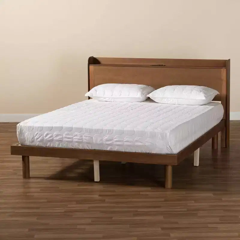 Lit plate-forme en bois avec station de recharge Noyer Marron