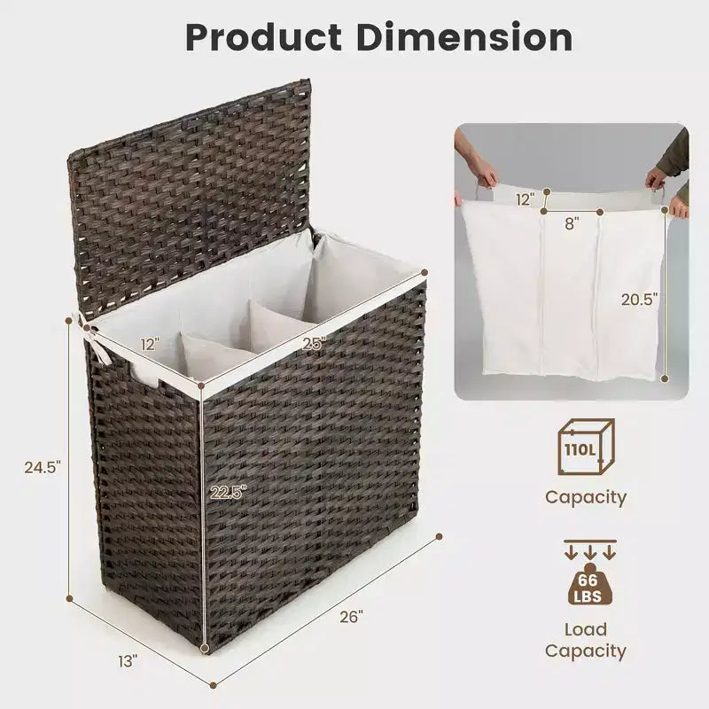 Panier à linge en rotin PE à 3 sections avec poignée