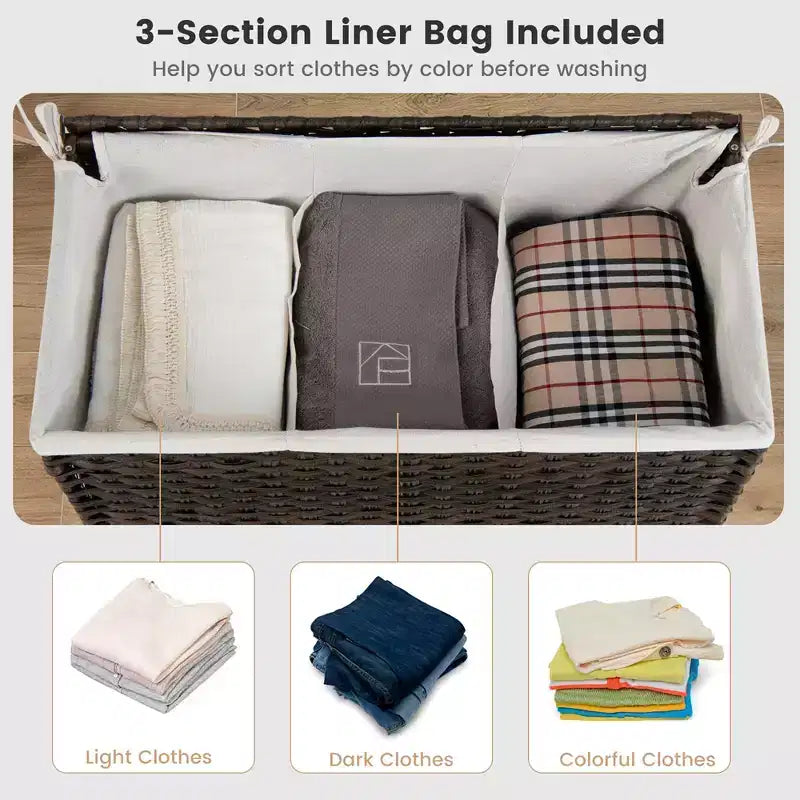 Panier à linge en rotin PE à 3 sections avec poignée